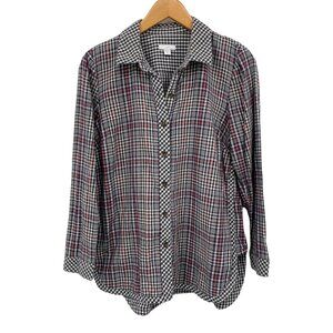 J Jill Button Front Shirt Womens Small Black White Red Plaid 100% Cotton Flannel